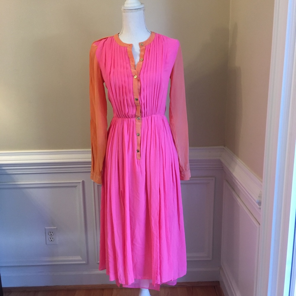 RACHEL ROY Bright Pink Orange Long Sleeve Silk Midi Dress - Picture 3 of 13